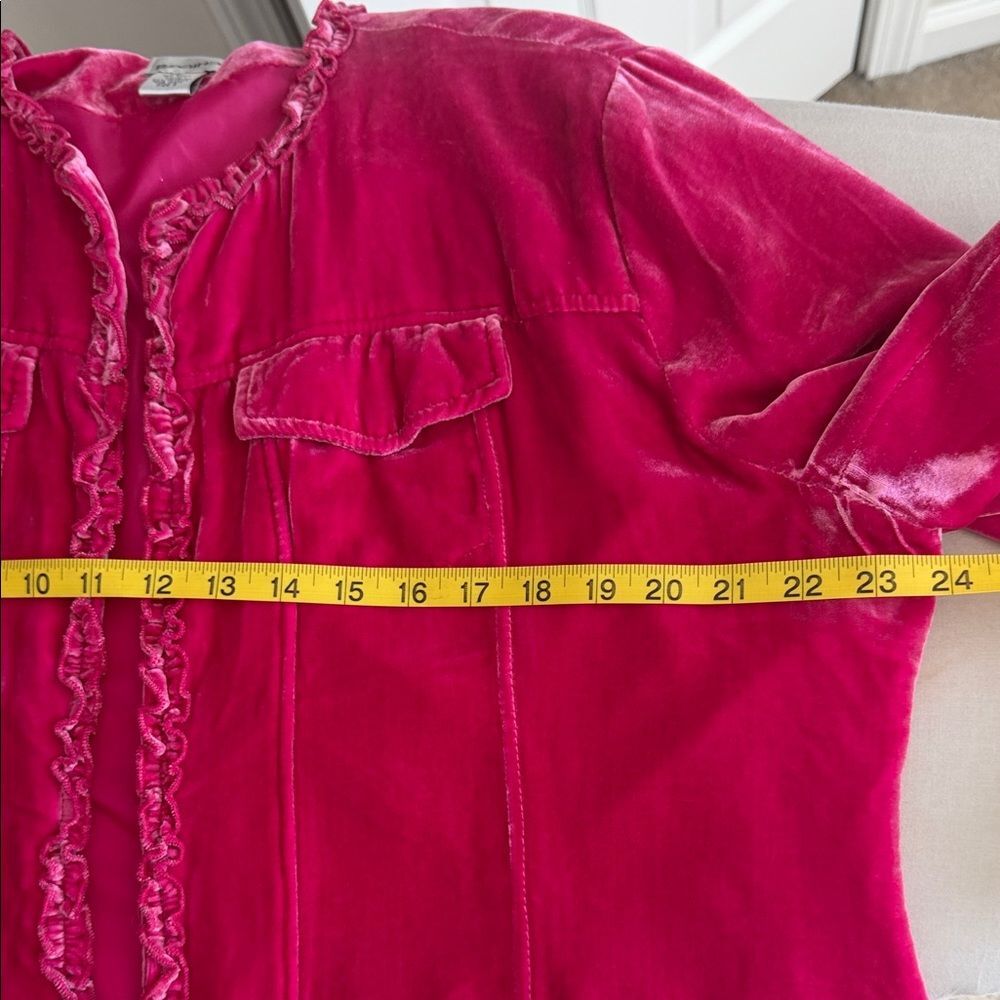 Chico’s Velvet Jacket Magenta Pink Ruffle Trim Rayon Silk Blend Boho Romantic XL - Picture 8 of 12